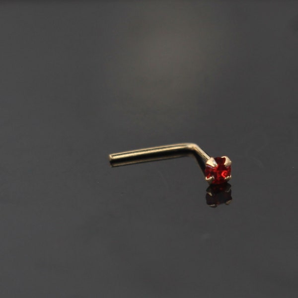 9ct Gold Nose Stud- Red CZ Nose Stud- Crystal Nose Ring- L Shape Nose Ring- Tiny Nose Stud- 22 Gauge Nose Ring