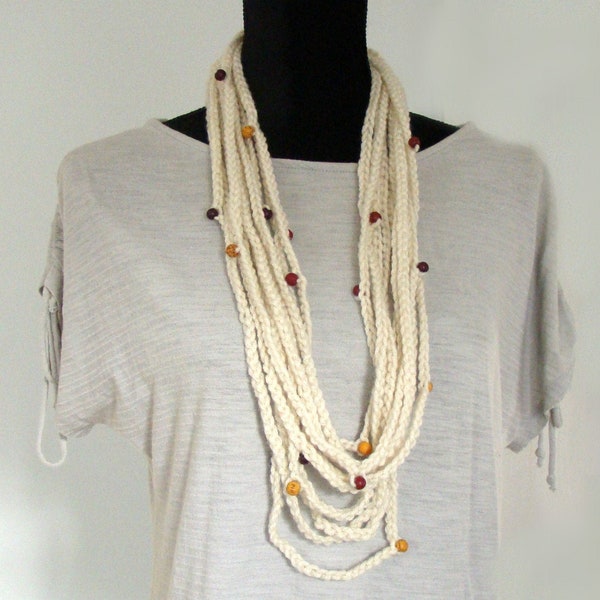 Cream Chain Necklace with Colored Wooden Beads | Chunky Rope Scarf