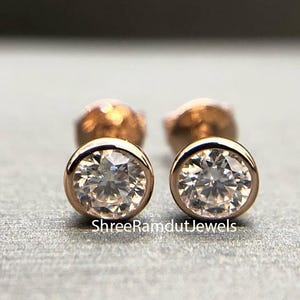 Round Cut Bezel Set Lab Grown Stud Earrings, 14k Gold Minimalist Stud Earrings, Solitaire Stud Earrings For Her, Wedding Gift