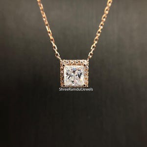 Princess Cut Lab Grown Diamond Halo Pendant - 14Kt Gold Necklace