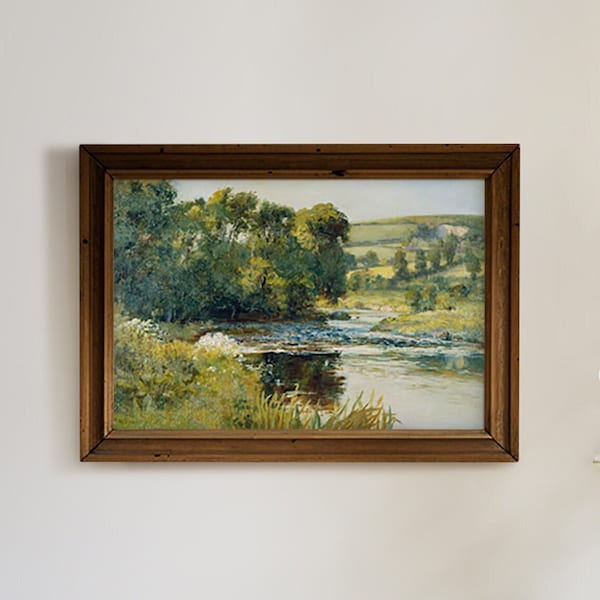 Large Wall Art Landscape Painting | Country Farmhouse Digital Download Print | Countryside Landscape Decor | Printable Vintage Landscape