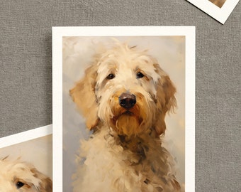 May include: A painting of a light brown dog with a fluffy coat. The dog is looking directly at the viewer with a serious expression. The background is a light gray color.