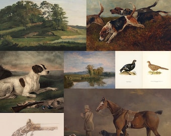 Vintage Hunting Art Print Set, Hound Dog Game Bird Pictures, Rustic Hunting Cabin Masculine Office Decor, Hunting Gift Wall Art Download
