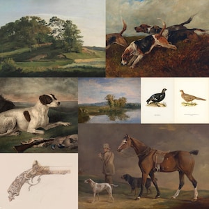 Vintage Hunting Art Print Set, Hound Dog Game Bird Pictures, Rustic Hunting Cabin Masculine Office Decor, Hunting Gift Wall Art Download