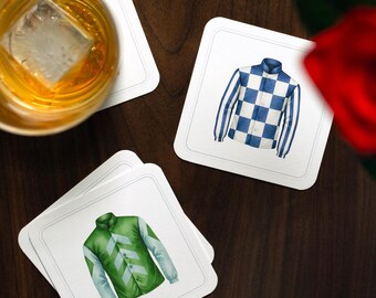 Kentucky Derby Coaster Set | Drink Coasters for Derby Day Party | Jockey Silks Equestrian Barware | Party Decor