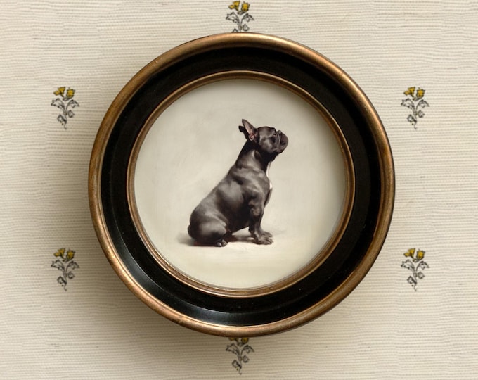French Bulldog Art Print | Frenchie Dog Portrait Wall Artwork Vintage Style Round Frame | Small Dog Painting for Home, Office, Nursery Decor