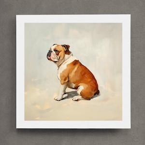 May include: A painting of a brown and white bulldog sitting on a light beige background. The bulldog is looking to the left of the image.