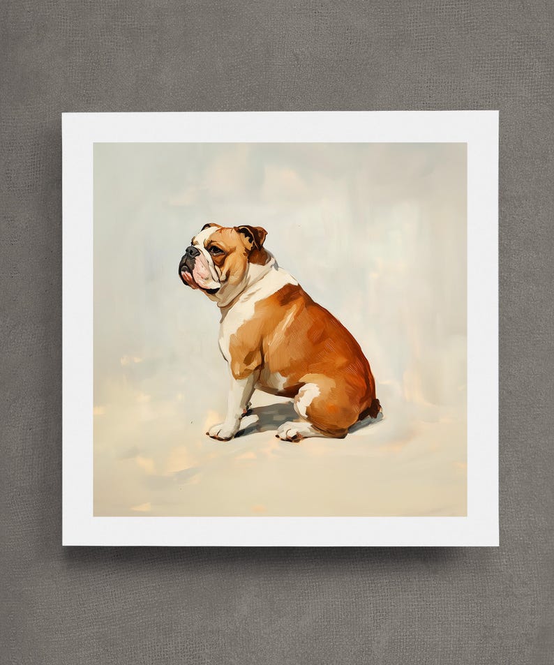 May include: A painting of a brown and white bulldog sitting on a light beige background. The bulldog is looking to the left of the image.