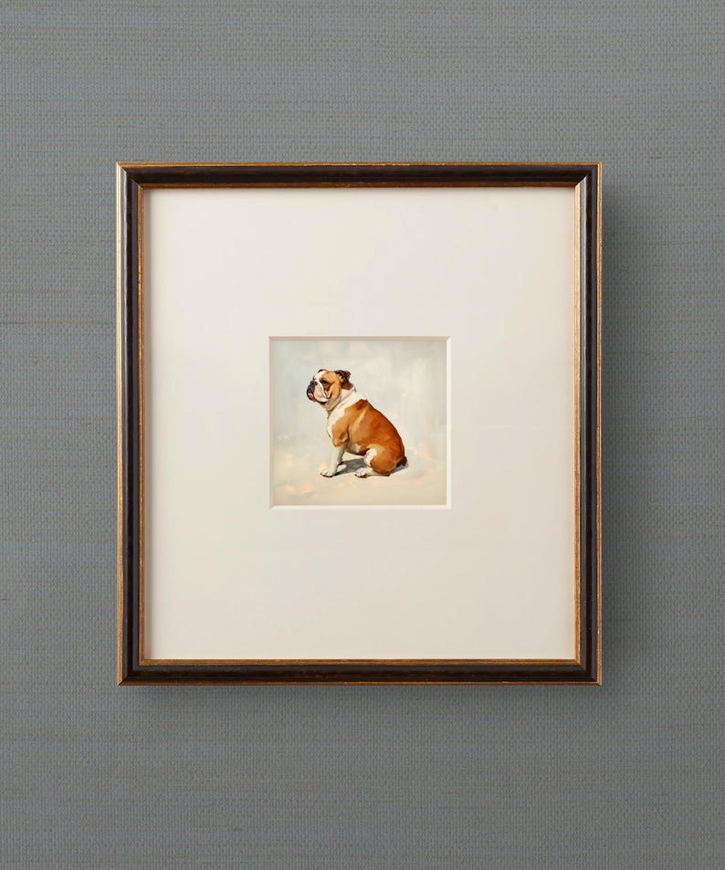 May include: A framed painting of a brown and white bulldog sitting on a light gray background.