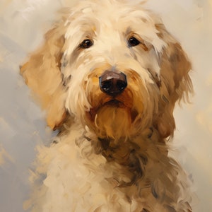 May include: A close-up portrait of a light brown dog with a fluffy coat. The dog has a soft, gentle expression and is looking directly at the viewer.