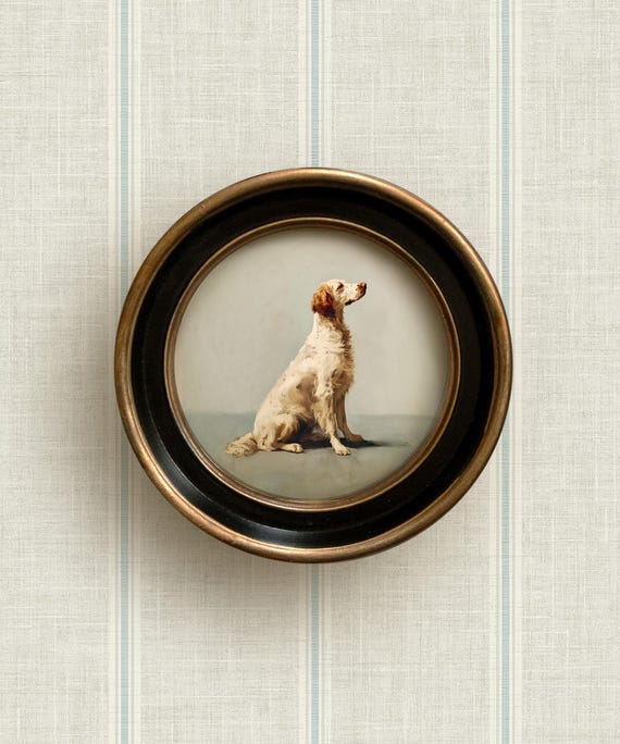 English Setter Dog Art Print | Vintage Style Round Frame | Gundog Setter Painting | Hunting Dog Wall Art for Home, Office, Nursery Decor