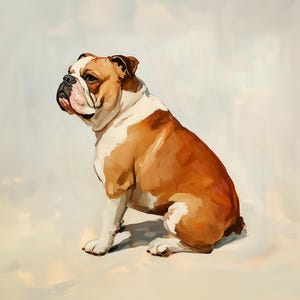 May include: A brown and white bulldog sitting on a light beige background. The dog is looking to the left of the image.