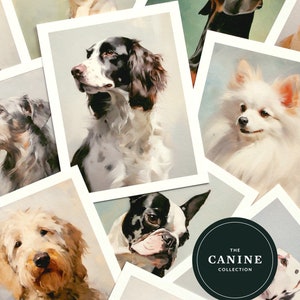 May include: A collection of paintings featuring various dog breeds, including a Springer Spaniel, a Pomeranian, a French Bulldog, a Golden Retriever, and a Dachshund. The paintings are framed in white and have a textured background. The text "THE CANINE COLLECTION" is displayed in a black circle.