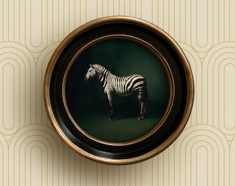 Zebra Vintage Style Portrait Art Print with Round Black Frame | Dark Academia Wall Art | Safari picture for Home, Office, Powder Room