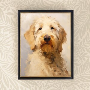 May include: A painting of a light brown dog with a fluffy coat. The dog is looking directly at the viewer with a soft expression. The painting is framed in a black frame with a gold inner border.