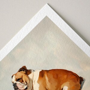 May include: A painting of a brown and white English Bulldog standing on a light blue background.