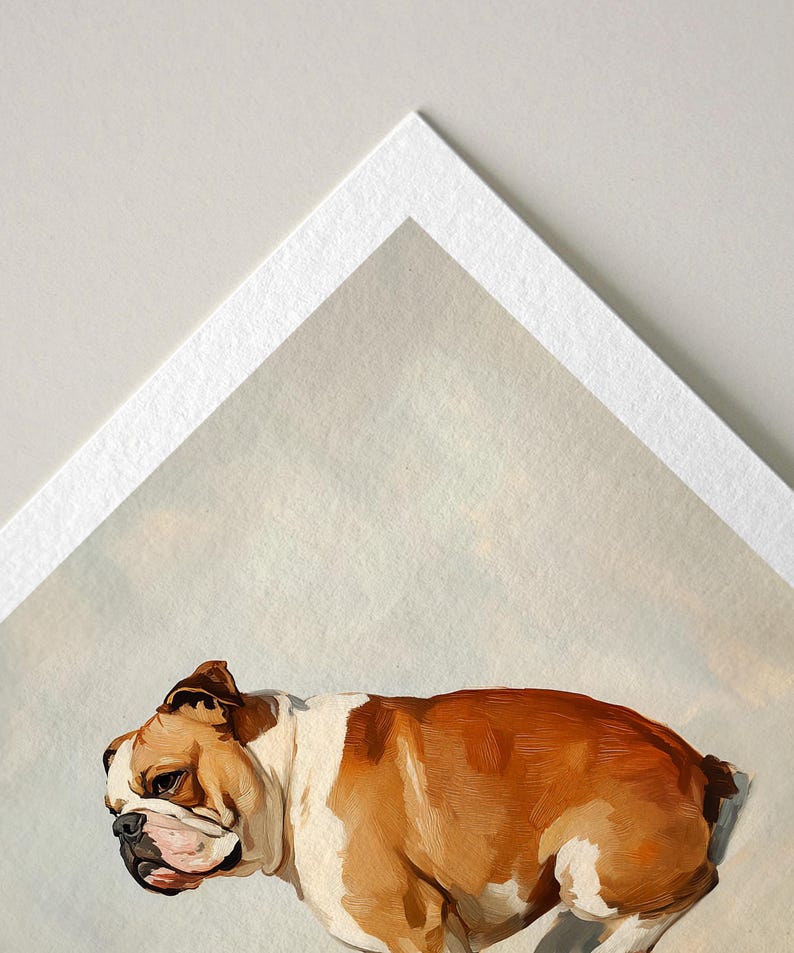 May include: A painting of a brown and white English Bulldog standing on a light blue background.