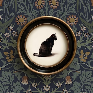 Black Cat Art Print | Vintage Round Framed Cat Painting | Antique Style Cat Art | Cat Sympathy Gift | Dark Academia Cottagecore Wall Art