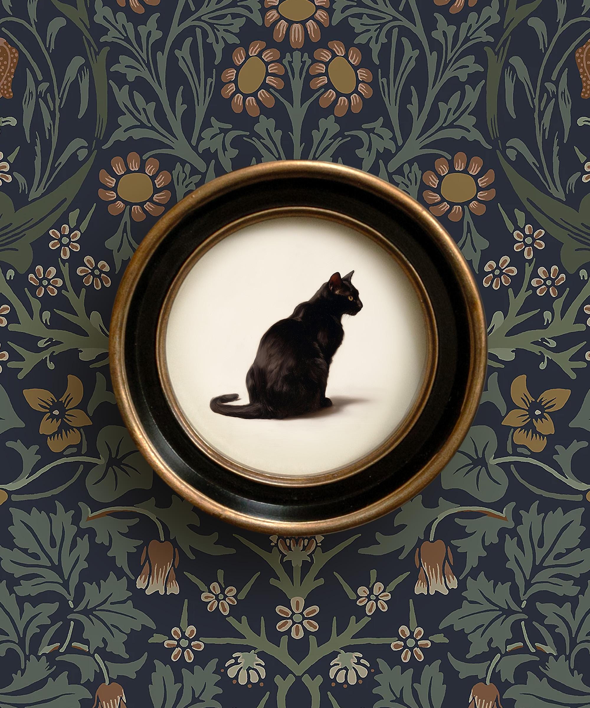 Black Cat Art Print | Vintage Round Framed Cat Painting | Antique Style ...