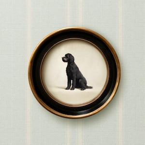 Black Goldendoodle Dog Art Print | Vintage Style Round Framed Doodle Wall Artwork | Dog Painting for Home, Office, Nursery, Kid&#39;s Room Decor