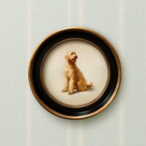 Goldendoodle Dog Art Print | Vintage Style Round Framed Doodle Wall Artwork | Dog Painting for Home, Office, Nursery, Kid&#39;s Room Decor