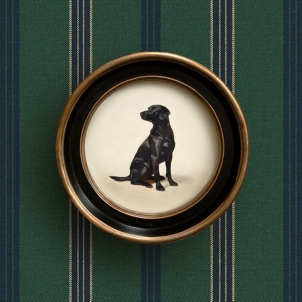 Black Lab Dog Art Print | Vintage Style Round Frame | Black Labrador Wall Artwork | Dog Painting for Home, Office, Nursery, Boy's Room Decor