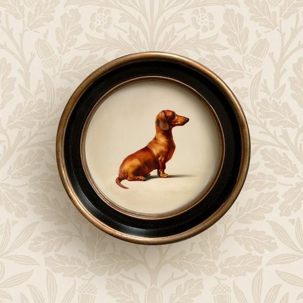 Könnte beinhalten: Ein gerahmtes, rundes Kunstwerk mit einem braunen Dackel in sitzender Pose. Der Hund ist mit detaillierten Schattierungen dargestellt, vor einem cremefarbenen Hintergrund. Der Rahmen hat eine schwarze Innenseite und einen bronzefarbenen Außenrand.