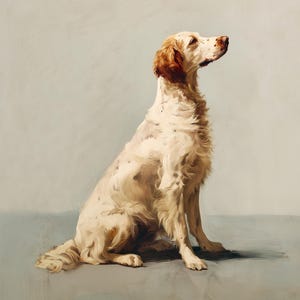 May include: A painting of a seated English Setter dog. The dog has a white coat with brown markings and long, flowing fur. It is looking upwards with a focused expression. The background is a soft, muted gray.