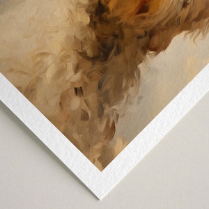 May include: Close-up of a painting of a dog's face. The dog has brown and white fur and is looking to the right. The painting is done in a realistic style with visible brushstrokes.
