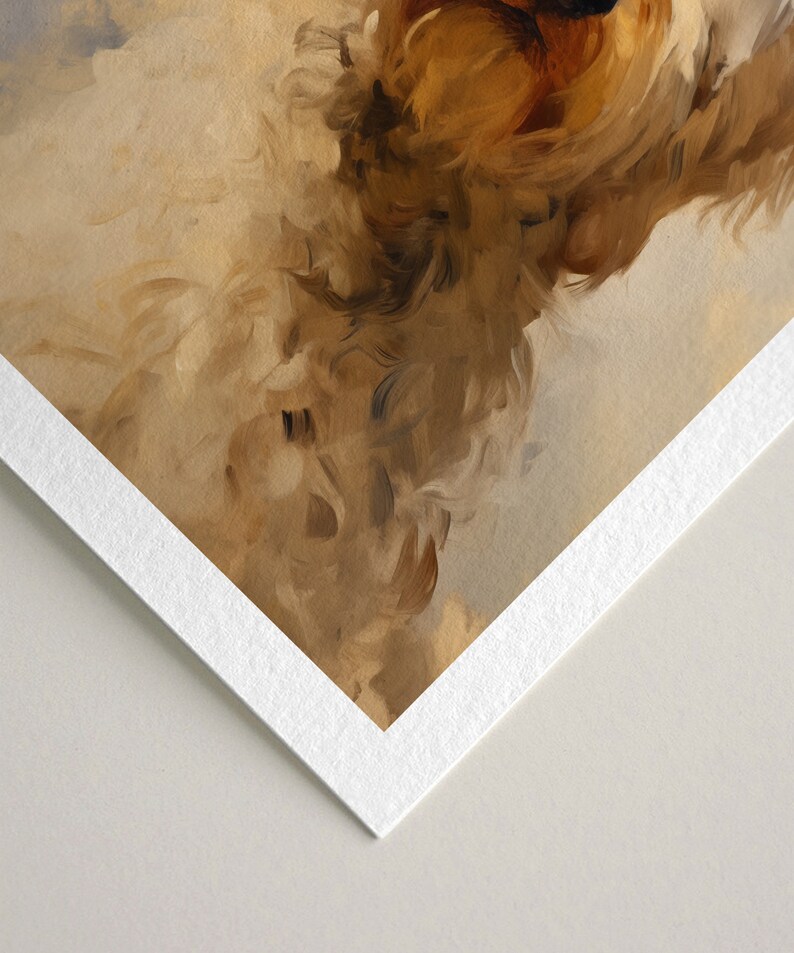 May include: Close-up of a painting of a dog's face. The dog has brown and white fur and is looking to the right. The painting is done in a realistic style with visible brushstrokes.