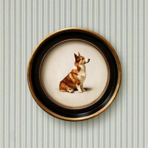 Corgi Dog Art Print | Vintage Style Round Framed Dog Painting | Welsh Corgi Wall Art | Dog Art for Home, Office, Nursery, Gallery Wall Decor