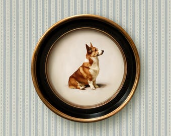 Corgi Dog Art Print | Vintage Style Round Framed Dog Painting | Welsh Corgi Wall Art | Dog Art for Home, Office, Nursery, Gallery Wall Decor