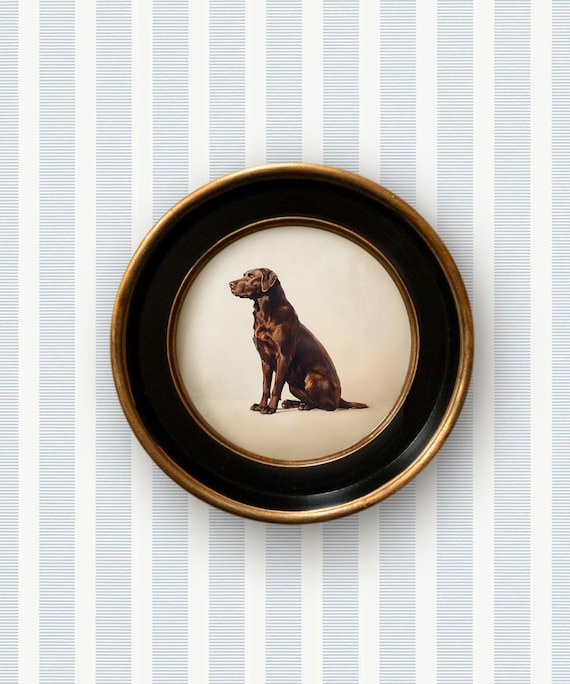 Chocolate Lab Dog Art Print | Vintage Style Round Frame | Chocolate Labrador Wall Art | Dog Art for Home, Office, Nursery, Boy's Room Decor