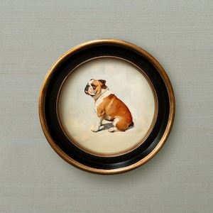 English Bulldog Art Print | Vintage Style Round Framed Dog Painting Wall Decor | Bulldog Painting for Home, Office, Nursery, Boy&#39;s Room