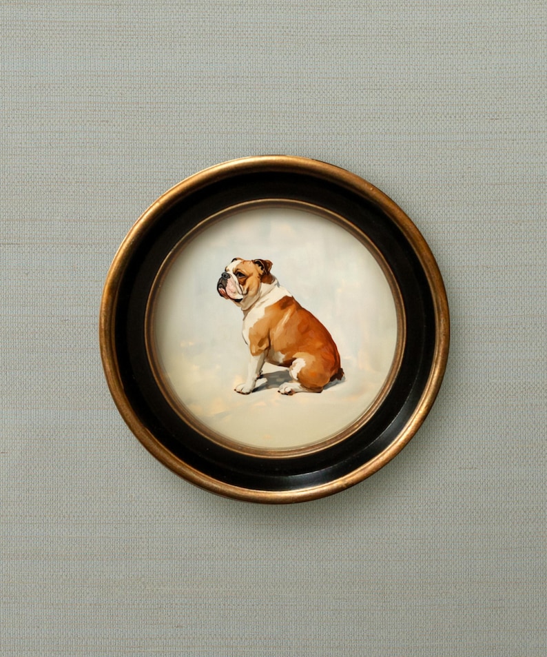 English bulldog art print available with our without round black and gold picture frame.
