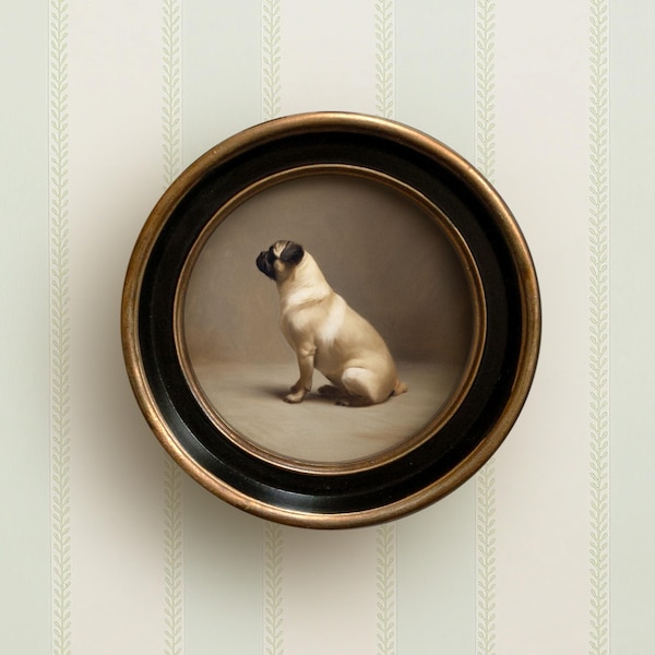 Pug Dog Art Print | Vintage Style Round Framed Pug Wall Artwork | Dog Painting for Home, Office, Nursery, Kid Room Decor | Gift for Pug Mom