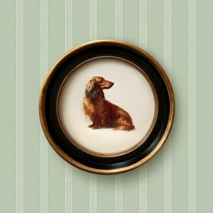 Long Haired Red Dachshund Art Print | Brown Doxie Wiener Dog Portrait Vintage Style Round Frame | Small Dog Home Decor, Office, Nursery