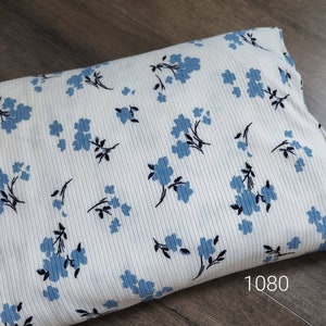 Ribbed knit, fabric by the yard, floral, rib knit, white with blue floral #1080