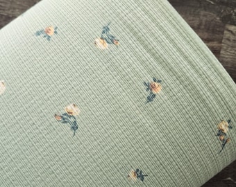 Pointelle knit, fabric by the yard, rib knit floral, rib knit, sage green with floral #1922
