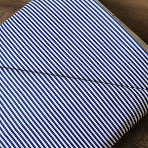 Cotton/poly blend fabric by the yard, narrow navy and white stripes #1553