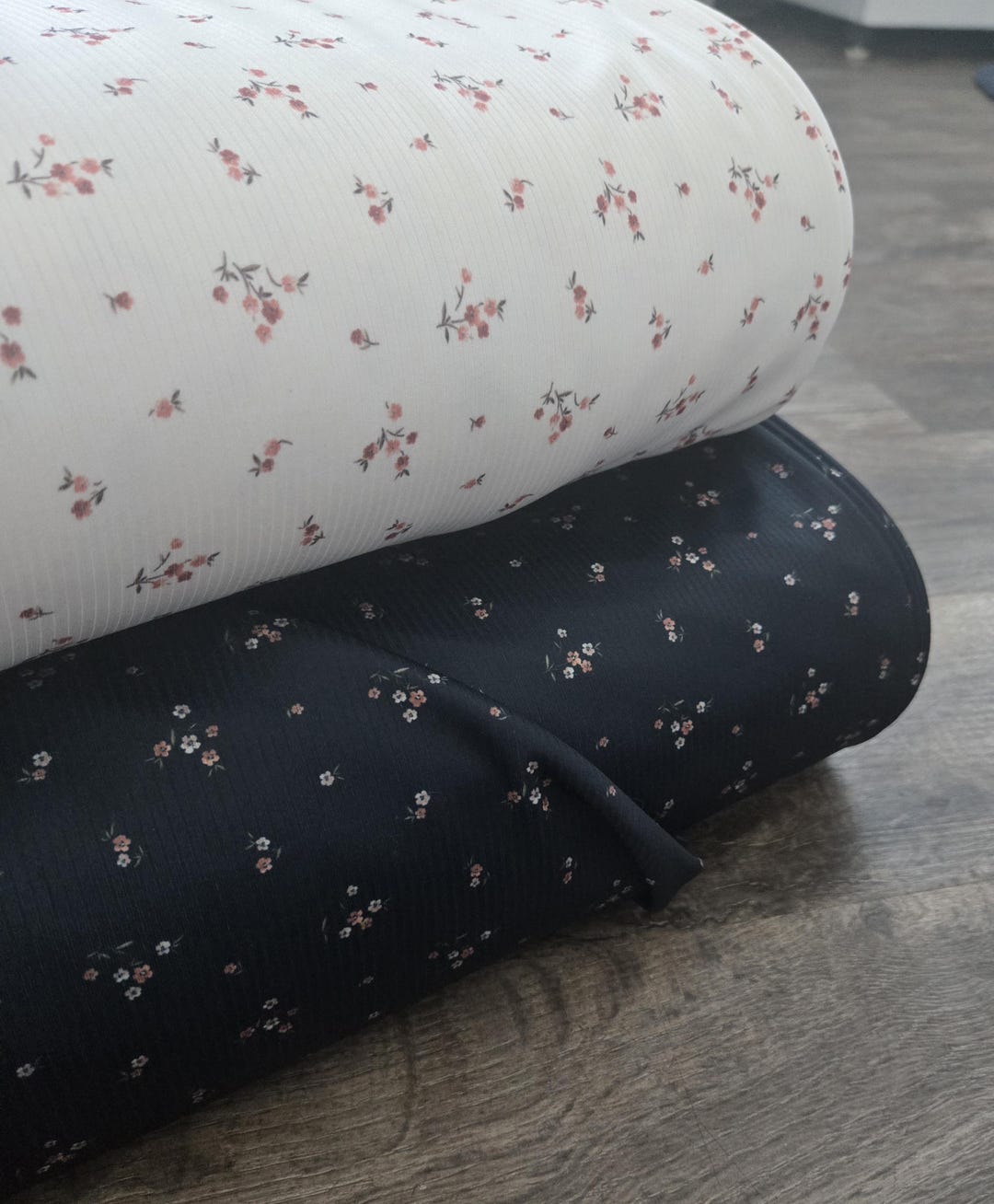 Mini Fine Rib Textile Mini Ribbed Knit, Fabric by the Yard, Rib Knit, Navy With Dainty Floral ...