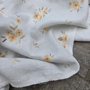 100% linen fabric by the yard, peach floral on ivory #L106