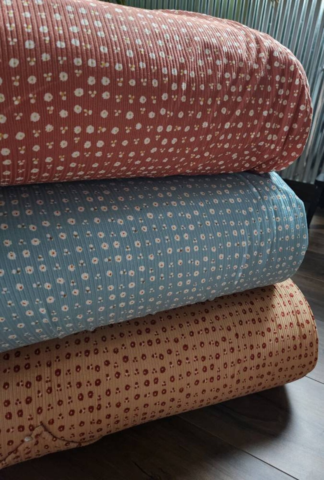 Ribbed Knit Fabric by the Yard Rib Knit Tan With Tiny Floral #1216