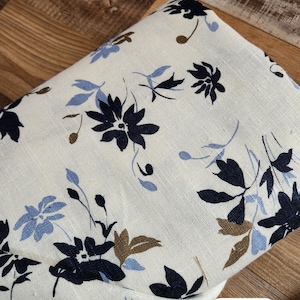 100% Linen fabric by the yard, navy floral on ivory #L079