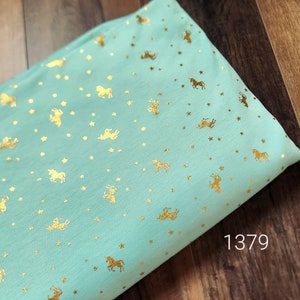 French terry knit fabric, french terry knit fabric by the yard, green with gold foil unicorns and stars #1379
