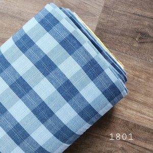 Cotton fabric by the yard, washed denim blue plaid #1801