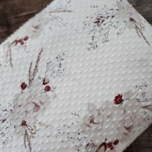 Textured Swiss dot knit fabric by the yard, knit fabric by the yard, white with beige and dark red floral #1721