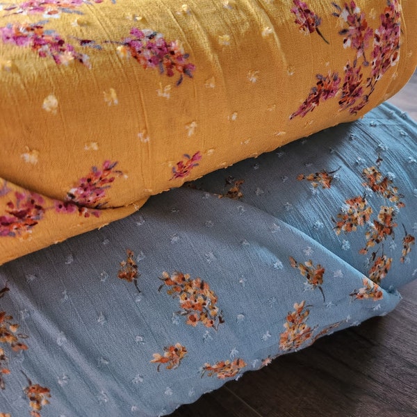 Textured Swiss dot fabric by the yard, rayon fabric by the yard, aqua with floral #1562 golden yellow with floral #1563