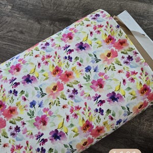 Linen blend fabric by the yard, summer floral on ivory #L101