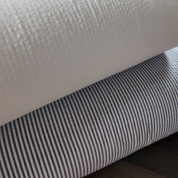 Cotton/spandex blend fabric by the yard, seersucker stripe, dark blue and white #1809, ivory and cream #1810